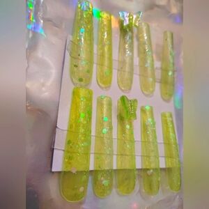 Translucent Glittery Green Press-On Nails with Butterfly Accent